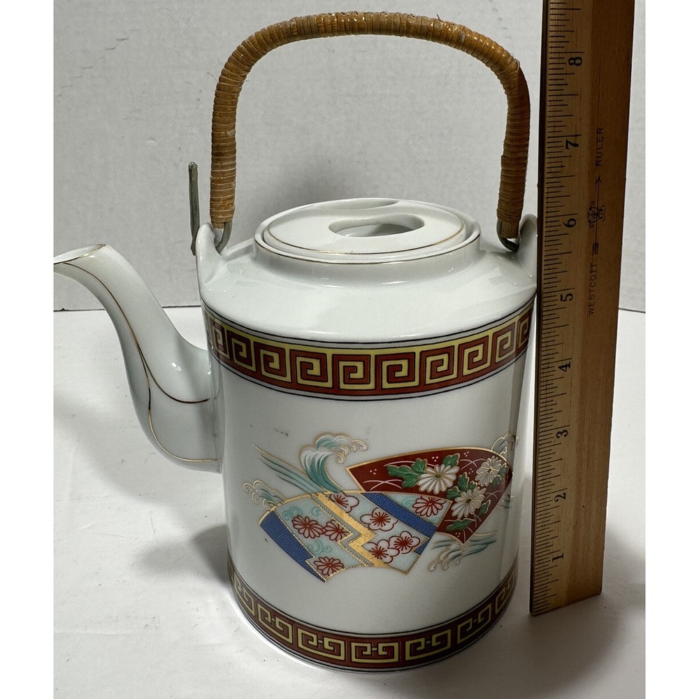 Vintage Japanese Teapot Tea Hand‎ Painted Ceramic with Rattan Handle - Picture 11 of 13